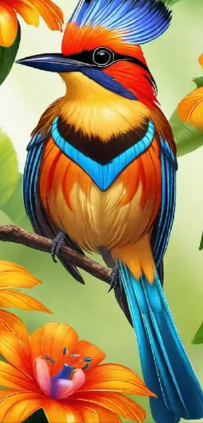 Vibrant tropical bird with orange flowers and green leaves.