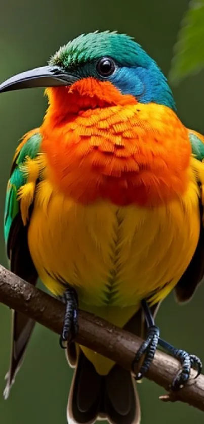 Vibrant tropical bird with bright orange and green plumage sitting on a branch.
