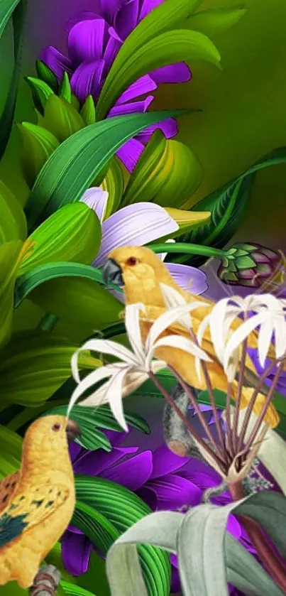 Vibrant birds amidst tropical flowers and lush green foliage.