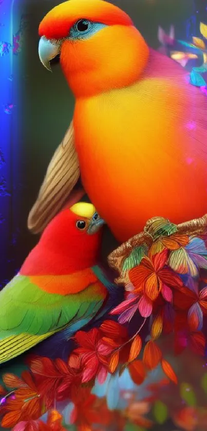 Vibrant, colorful illustration of two tropical birds on a leafy branch.