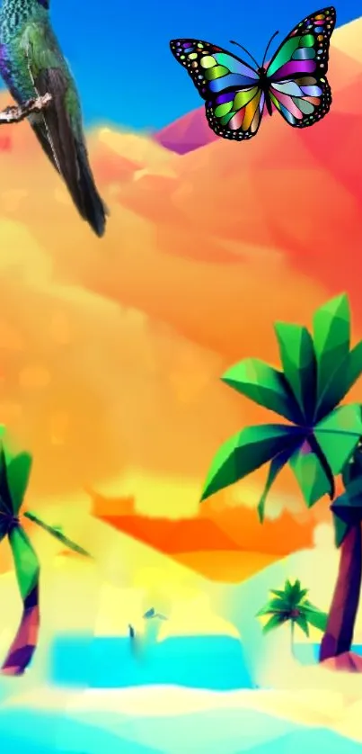 Tropical paradise wallpaper with vibrant colors, featuring a butterfly and palm trees.