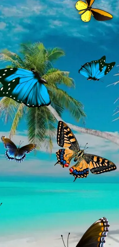 Tropical beach scene with colorful butterflies and palm trees under a blue sky.