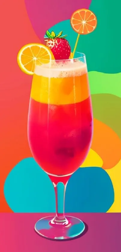 Vibrant tropical cocktail with fruit garnish and rainbow backdrop.