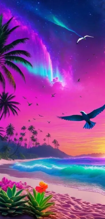 Vibrant tropical dreamscape with sunset, aurora, and birds over a serene beach.