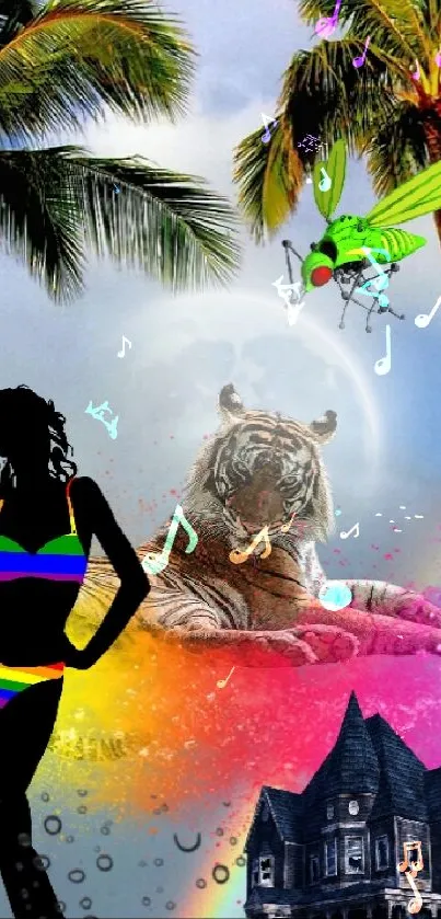 Surreal tropical scene with palms, tiger, and vibrant rainbow.