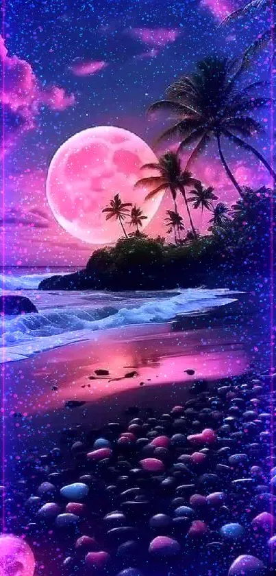 Vibrant tropical beach scene with pink moon and ocean waves.