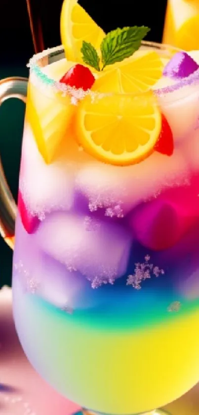 Colorful tropical drink with lemon and mint garnish on a bright background.