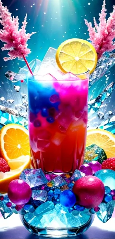 Colorful tropical cocktail with fruits and ice in mobile wallpaper.