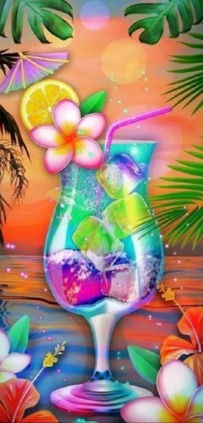 Colorful tropical cocktail with ice, flowers, and beach background at sunset.