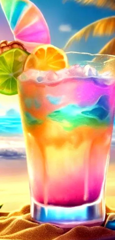 Colorful tropical drink on a sandy beach at sunset with vibrant ocean views.