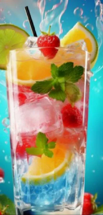 Tropical drink with lime, orange, and berries on a blue background.