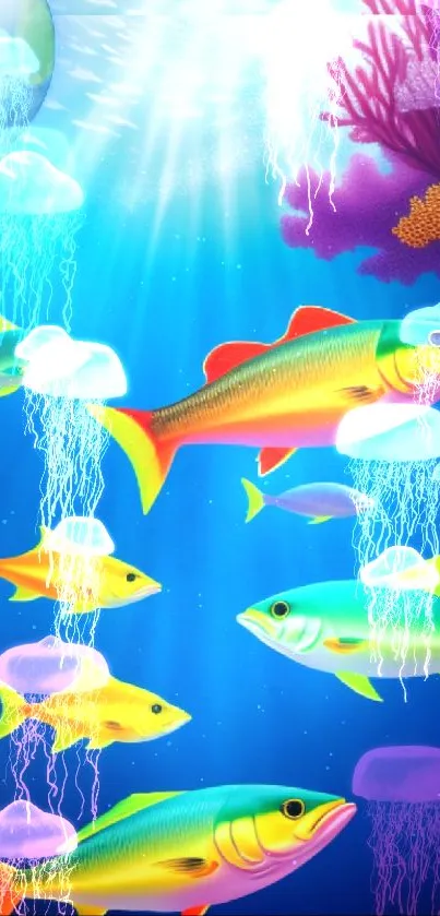 Illustrated tropical fish swim beneath vibrant corals in sunlit blue waters.