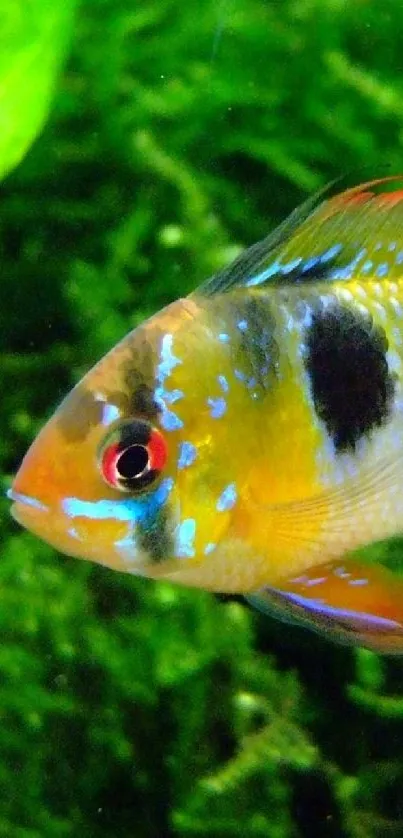 Close-up of vibrant tropical fish with green background.