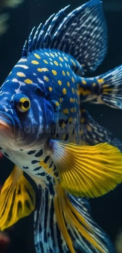 Close-up of a vibrant tropical fish with blue and yellow patterns.
