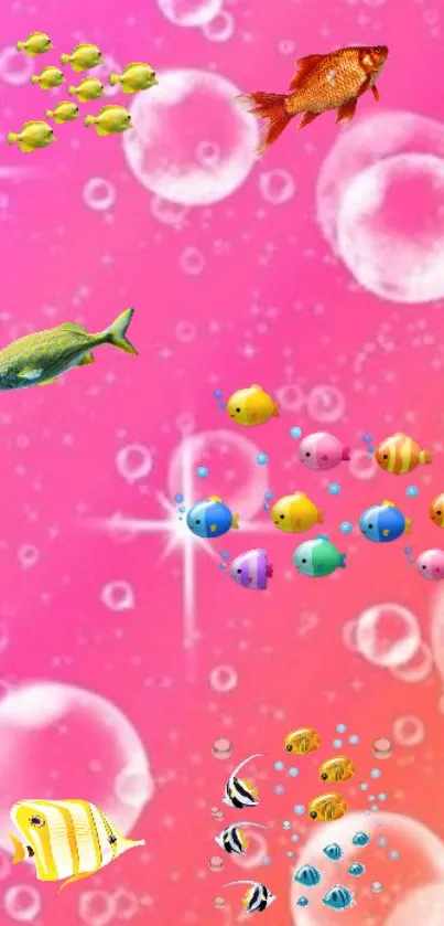 Vibrant tropical fish swimming in a pink bubbly background with colorful details.