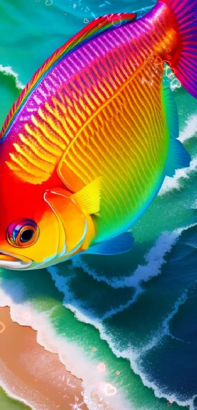 Vibrant tropical fish over azure ocean waves on beach wallpaper.