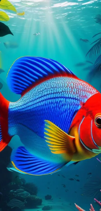 Vibrant tropical fish swimming in a sunlit underwater scene.