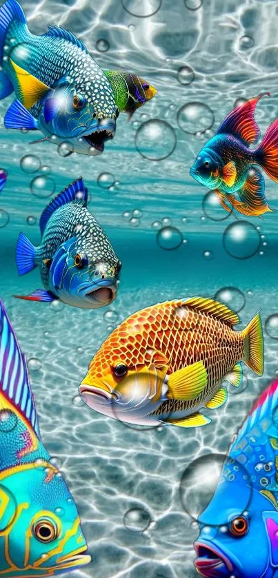 Vibrant tropical fish swimming with bubbles in an aquatic-themed smartphone wallpaper.