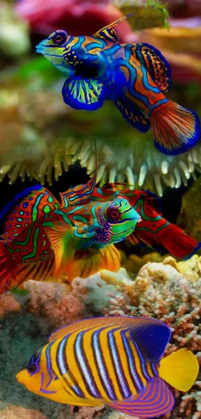 Colorful tropical fish swimming in vibrant underwater scene with coral reef.