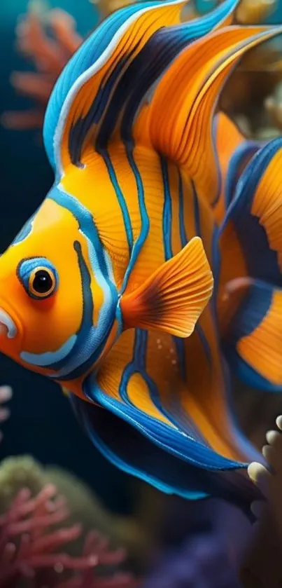 Vibrant orange and blue tropical fish swimming.