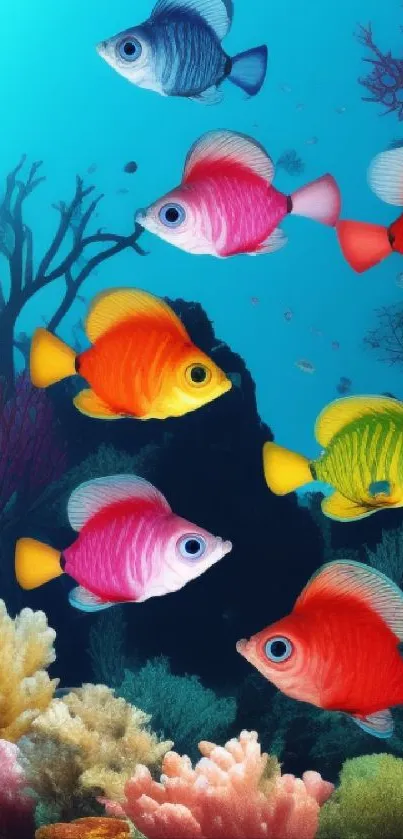 Colorful tropical fish swimming in a vibrant underwater scene with coral reefs.