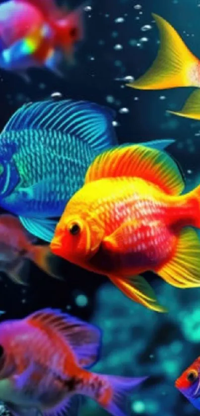 Vibrant tropical fish swimming in blue water wallpaper.