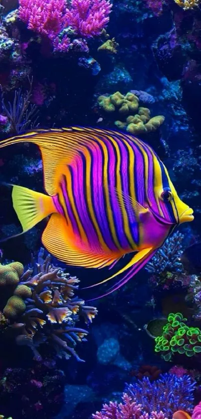 Vibrant tropical fish swims in colorful coral reef.
