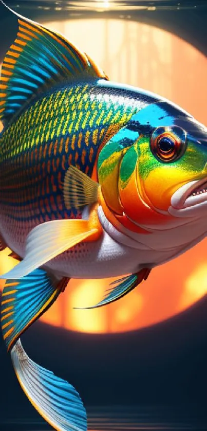 A vibrant tropical fish with colorful patterns against a glowing orange backdrop.