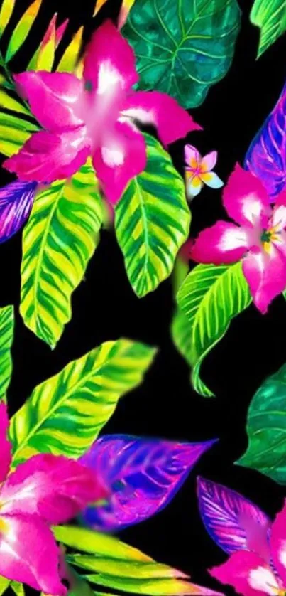 Vibrant wallpaper with pink flowers and green leaves on a black background.