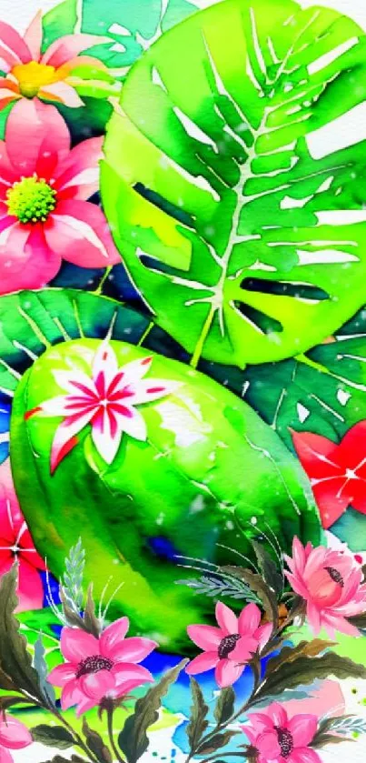 Vibrant tropical floral wallpaper with lush green leaves and colorful blossoms.