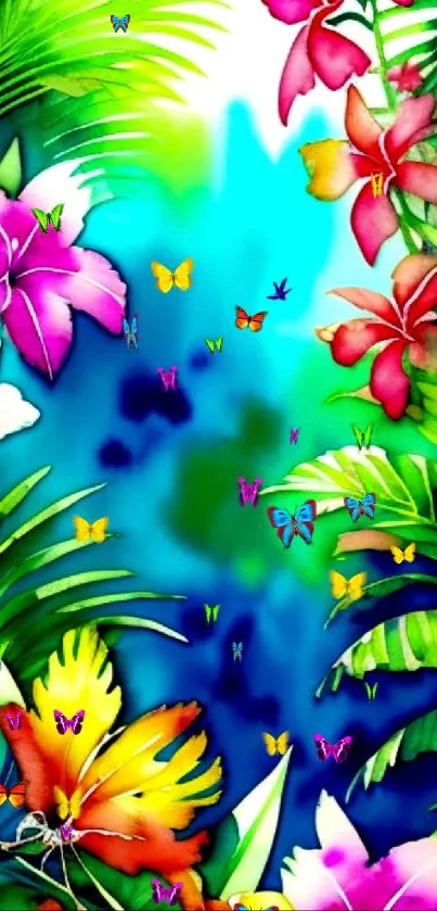 Vibrant tropical floral wallpaper with lush leaves and colorful flowers.