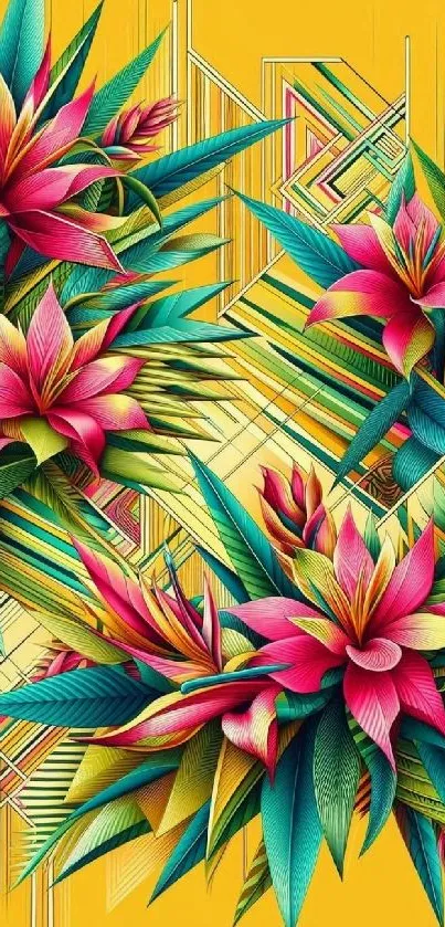 Vibrant floral abstract wallpaper with geometric patterns on a yellow background.