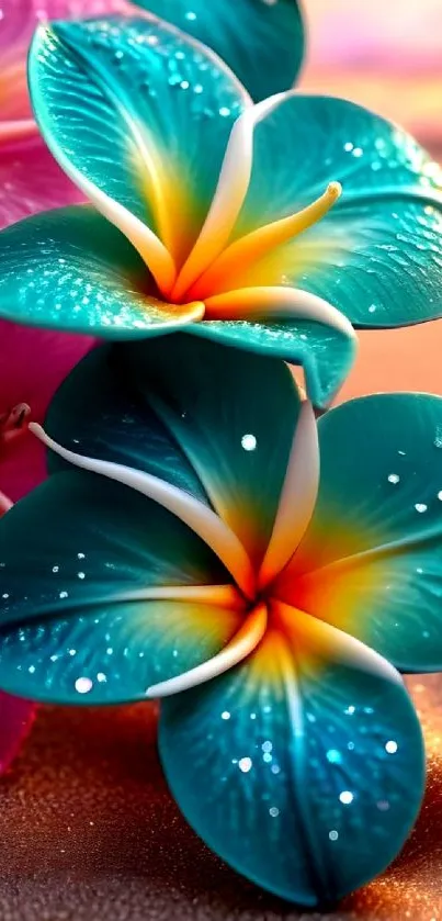 Vibrant turquoise tropical flowers with dew drops.