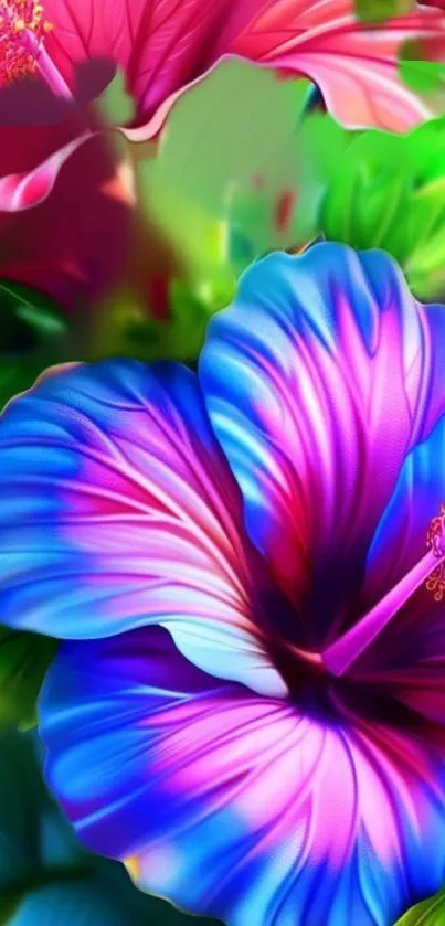 Vibrant tropical flower wallpaper with blue hues.