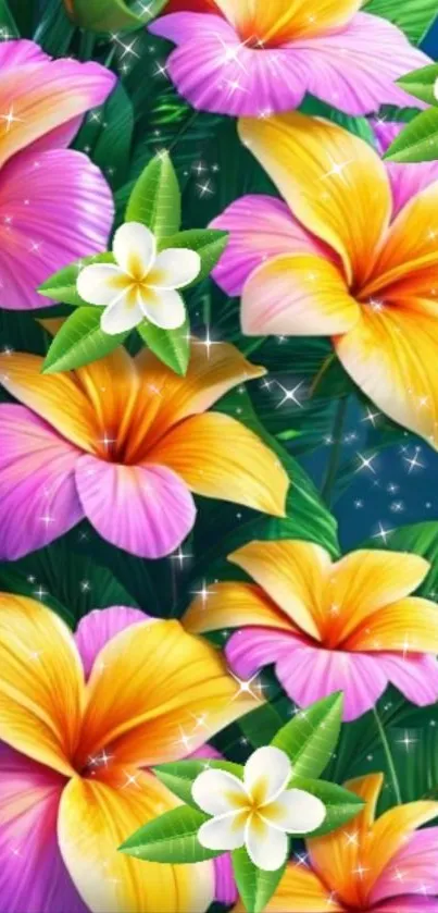 Vibrant tropical wallpaper with colorful flowers and green leaves.
