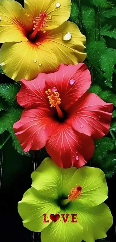 Vibrant hibiscus flowers with green leaves.