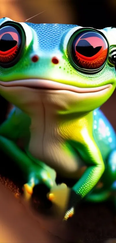 Colorful frog with large eyes on a vibrant green background.