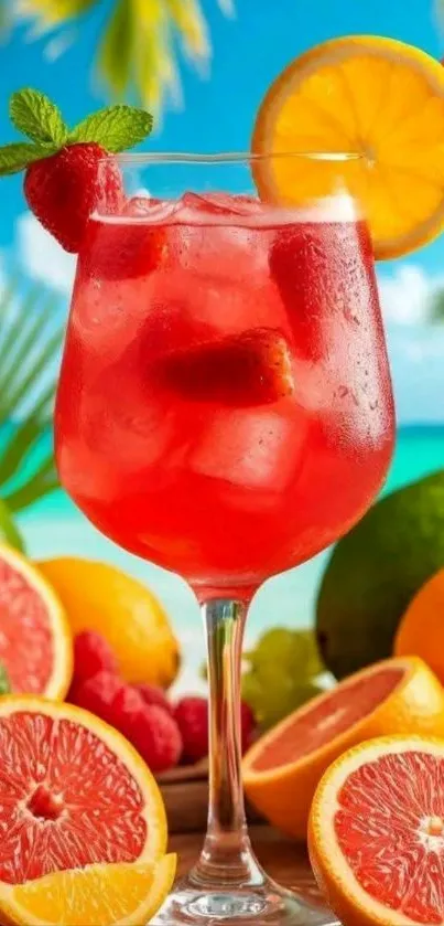 Tropical cocktail with fruits on a beach.