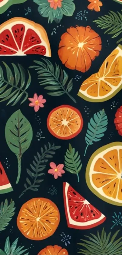 Colorful tropical fruit and leaf pattern.
