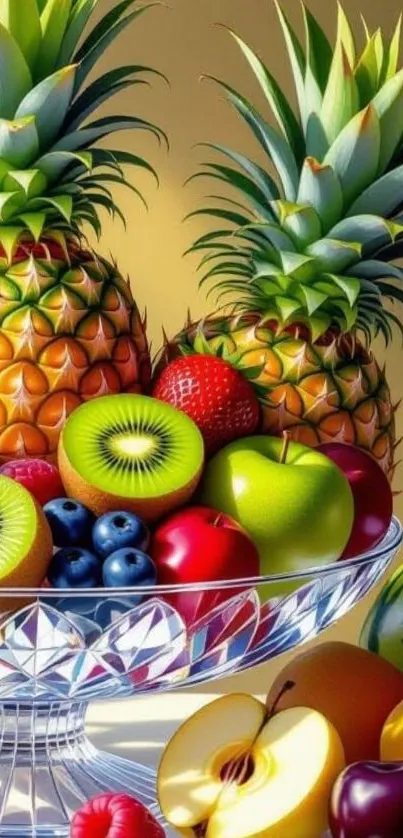 Vibrant display of tropical fruits in a crystal bowl.