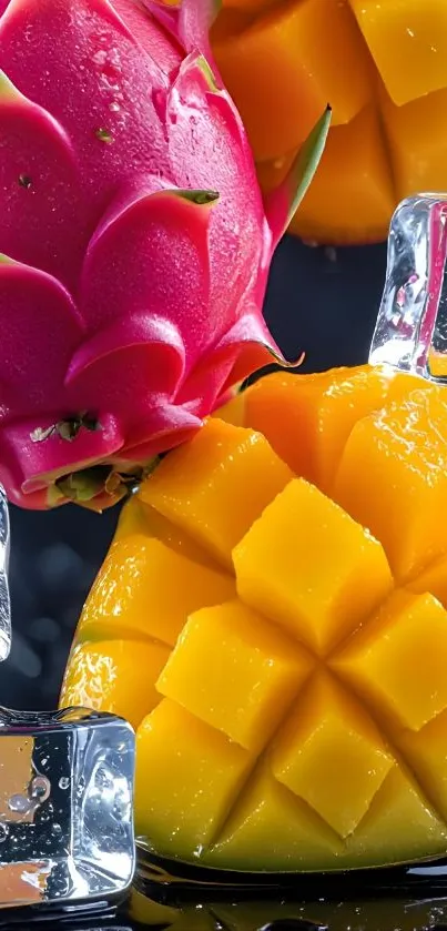 Colorful tropical fruits with ice cubes, featuring dragon fruit and mango slices.