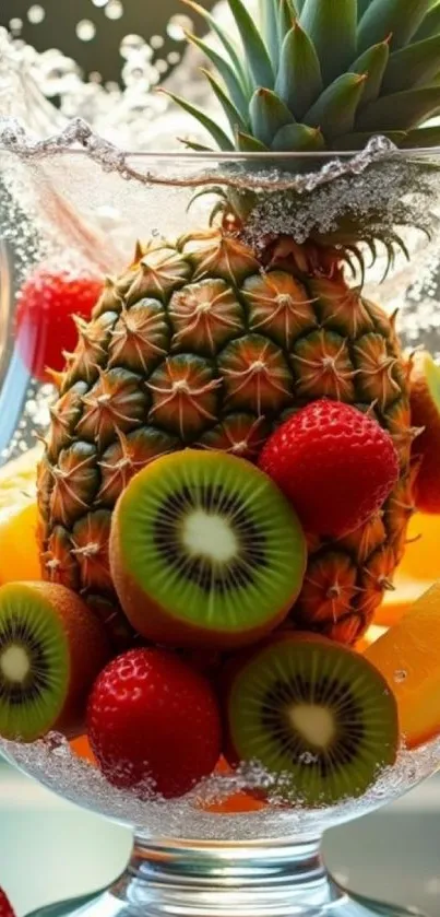 Vibrant arrangement of tropical fruits in a clear glass vase.