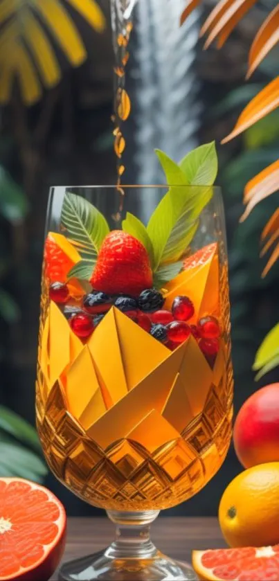 Tropical-themed wallpaper with vibrant fruits in a crystal glass.