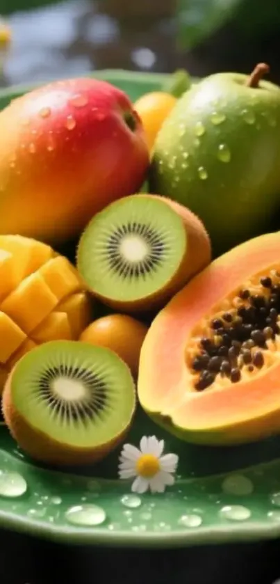 A colorful display of kiwi, mango, and papaya on a green plate.