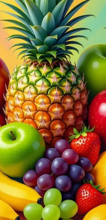 A vibrant, colorful wallpaper featuring tropical fruits like pineapple, apple, and grapes.