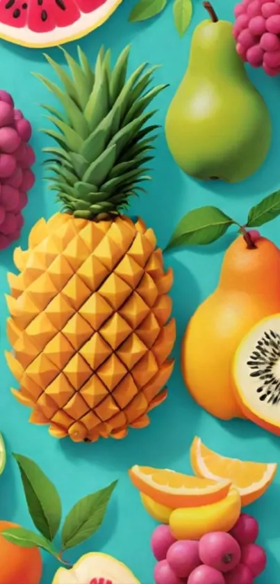 Vibrant tropical fruit pattern with pineapples and grapes on turquoise background.