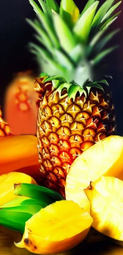 Vibrant tropical fruit wallpaper with pineapple, banana, and mango.