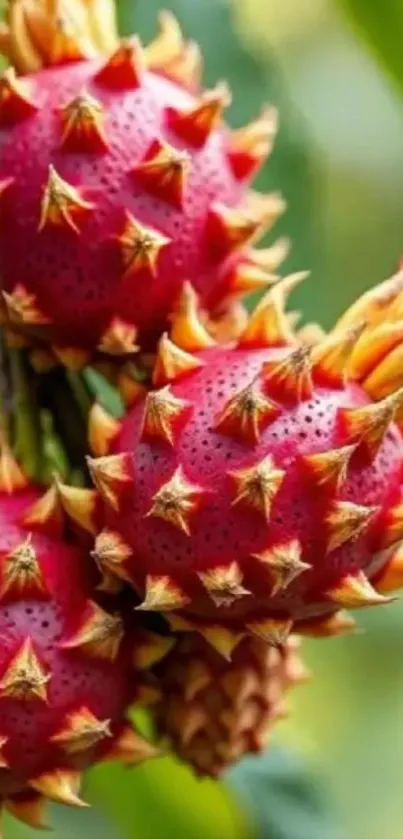 Close-up of vibrant tropical fruits with colorful spikes.