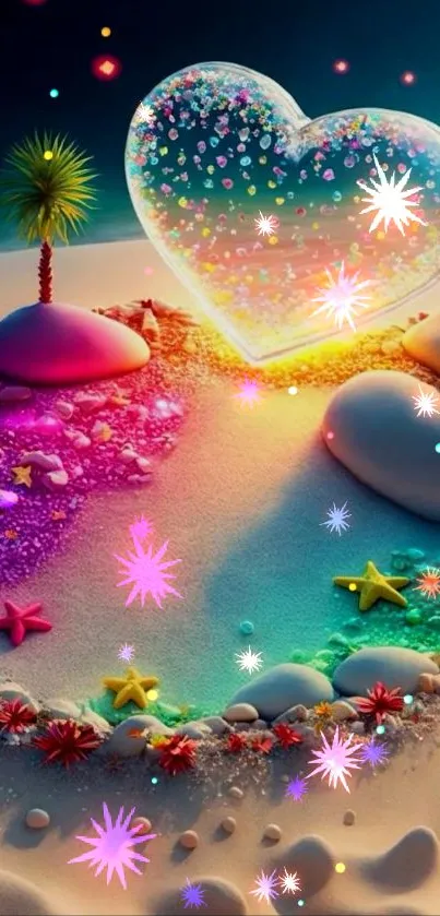 A colorful tropical heart art with luminous sand and starfish details.