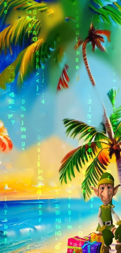 Tropical island wallpaper with palm trees and a magical character by the ocean.